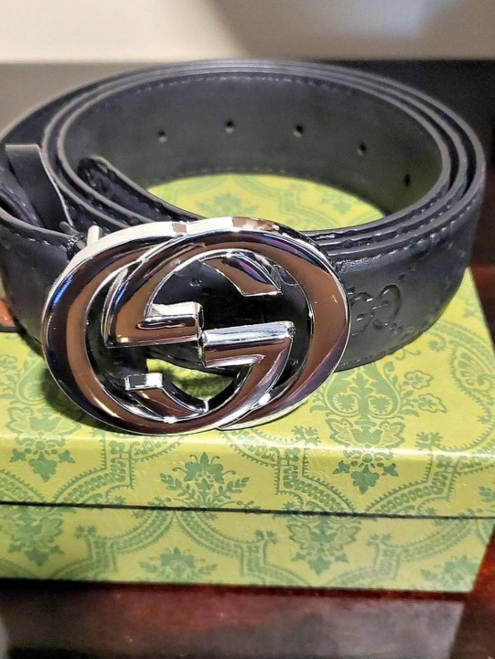 Gucci Interlocking G Buckle Leather Belt Black & Silver